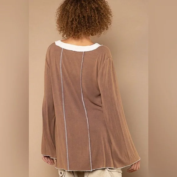 POL Chocolate Mocha Snap Button Flowy Sleeve Boho Top - Picture 4 of 5